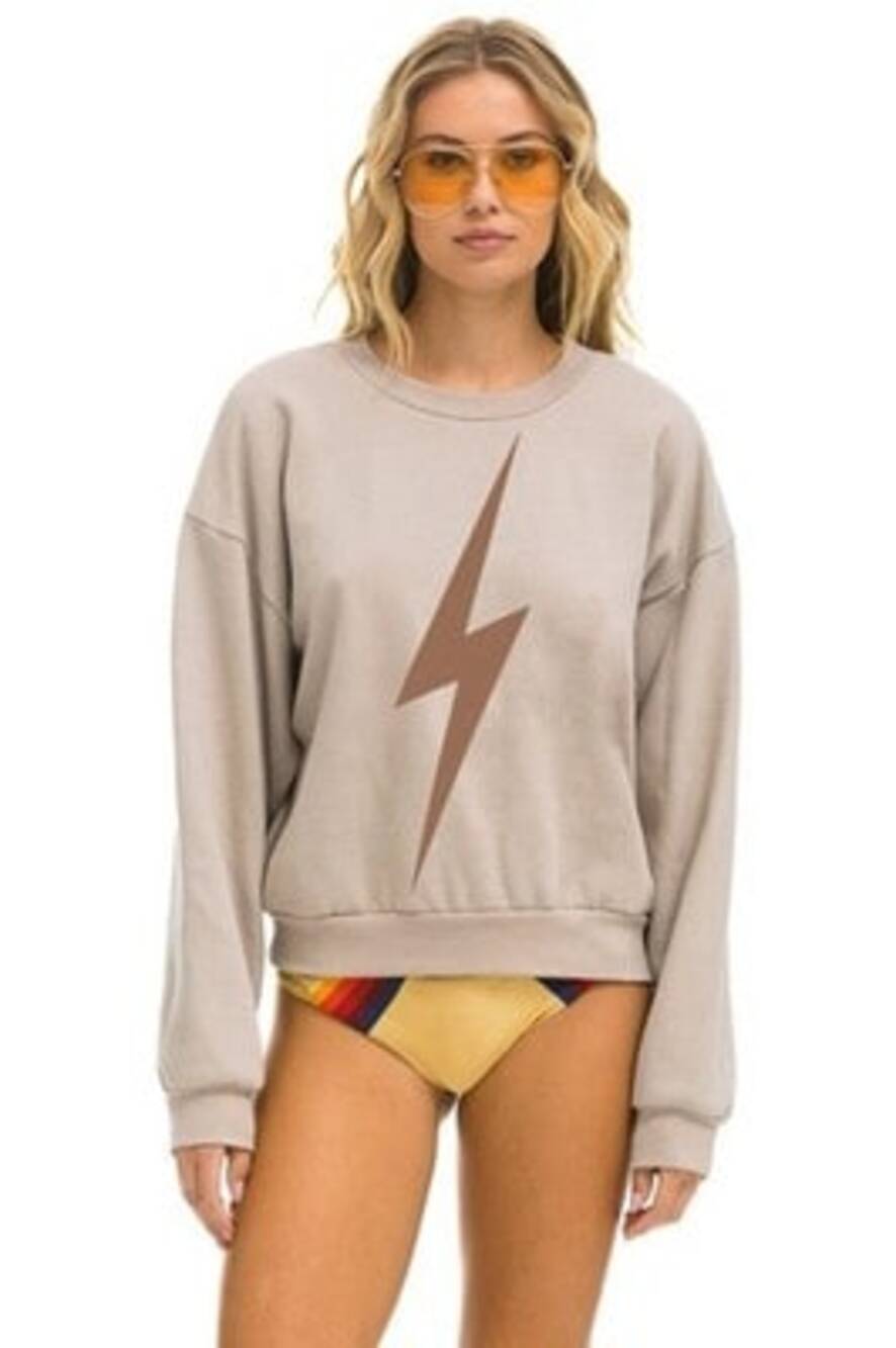 AVIATOR NATION Relaxed Bolt Graphic Crew Neck Long Sleeve Sweatshirt in Sand L